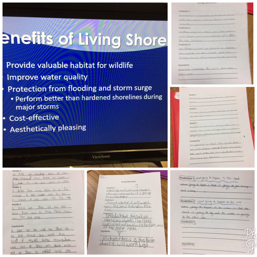 Mrs_Rochon's tweet photo. Students learned about the benefits of living shorelines today. We made predictions, a hypothesis, tested 4 types of shorelines, recorded results & our conclusion. A powerful lesson because it impacts our area! Thank you @TeamORCA! #vbevibe #reallifeconnection #handsonlearning https://t.co/mVskcvPXUe