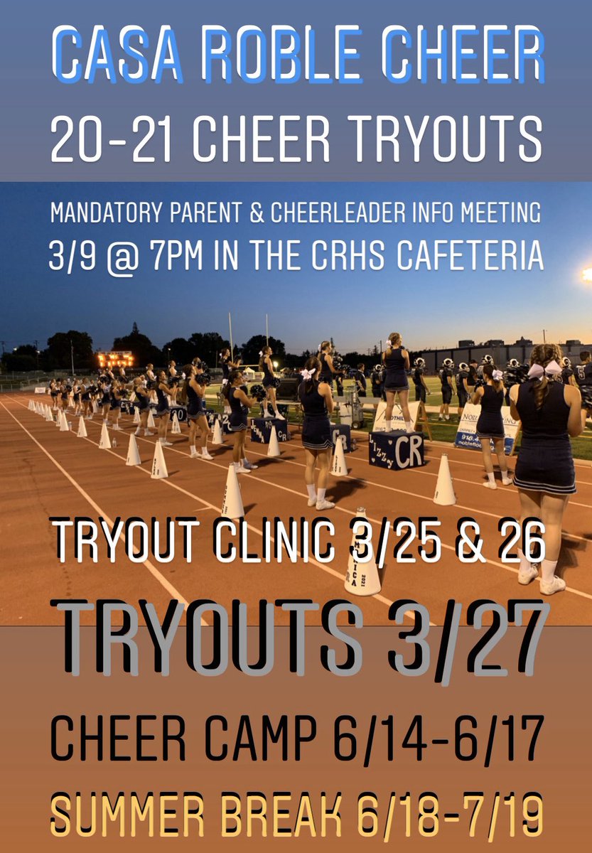 casacheer's tweet photo. Are you interested in joining the cheer team at Casa Roble High School? Please make note of these important dates for the new season!!! Can’t wait to see you there! https://t.co/o7ufQm63ds