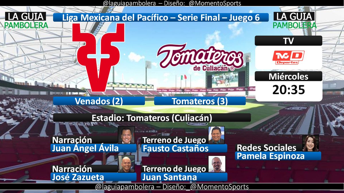 laguiapambolera's tweet image. HOY: #NoTodoEsFútbol #MSBeisbol #FinalLMP @venados_mzt @clubtomateros por @TVCDeportes con @juanangelavila José Zazueta @faustoTVP Juan Santana y @espinoza20_pam (20:15hrs) #MZTvsCLN
