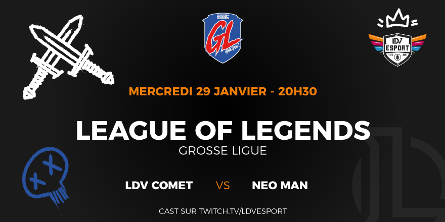LDVEsport's tweet photo. [GROSSE LIGUE]
Ce soir, c’est le début des quarts de finale pour #LdvComet qui vont affronter les #NeoMan ! ⚔️
Ce sera casté en direct sur notre chaîne Twitch à partir de 20h30 ! 🎬 
▶️ https://t.co/nkQEwuEmwM
Cc @lolesports_fr @poledevinci @Student_GN https://t.co/mT7KgGrL6e