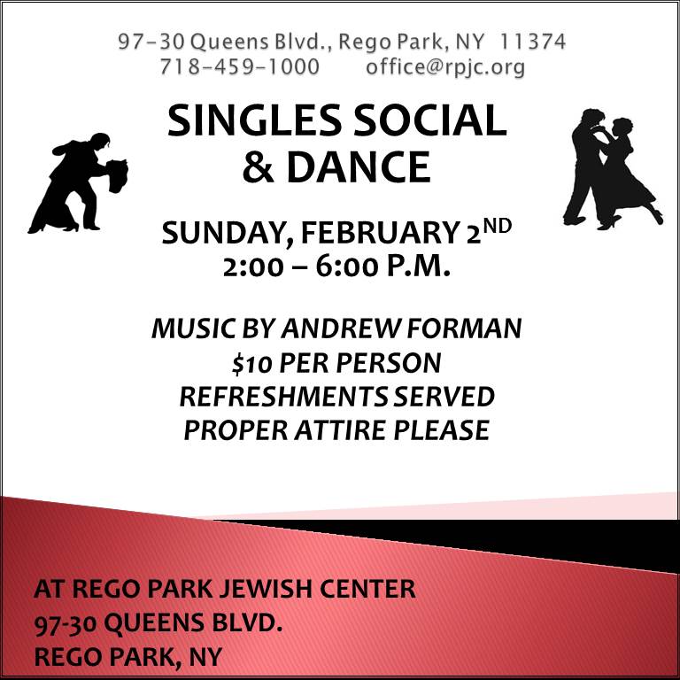 RegoParkJC's tweet photo. Dance to the music of DJ Andrew Forman at a Singles Social &amp; Dance on Sunday, February 2nd from 2:00 - 6:00 P.M. $10 per person. Refreshments served. Rego Park Jewish Center's Crystal Ballroom, 97-30 Queens Blvd., between 64th and 65th Roads, Rego Park, NY 11374. 718-459-1000. https://t.co/0VqxPWIJ8z