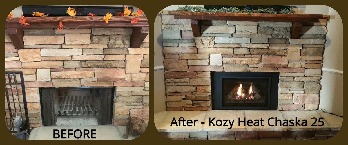 This #fireplace transformation is not just beautiful. The <a href="/kozyheatfire/">kozyheatfireplaces</a> #Chaska25 gas insert turns this old drafty fireplace into a heater with a thermostatic remote control.