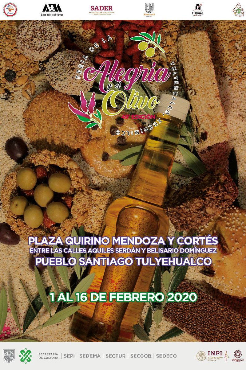 SedecoCDMX's tweet image. Recuerda que del 01 al 16 de #Febrero2020, se realizará  la edición 49 de la Feria de la Alegría y el Olivo en Tulyehualco @XochimilcoAl, conoce y consume los #productos #tradicionales hechos en la #CiudadDeMéxico.
Invitan @SEPICDMX y @TurismoCDMX ¡No faltes!