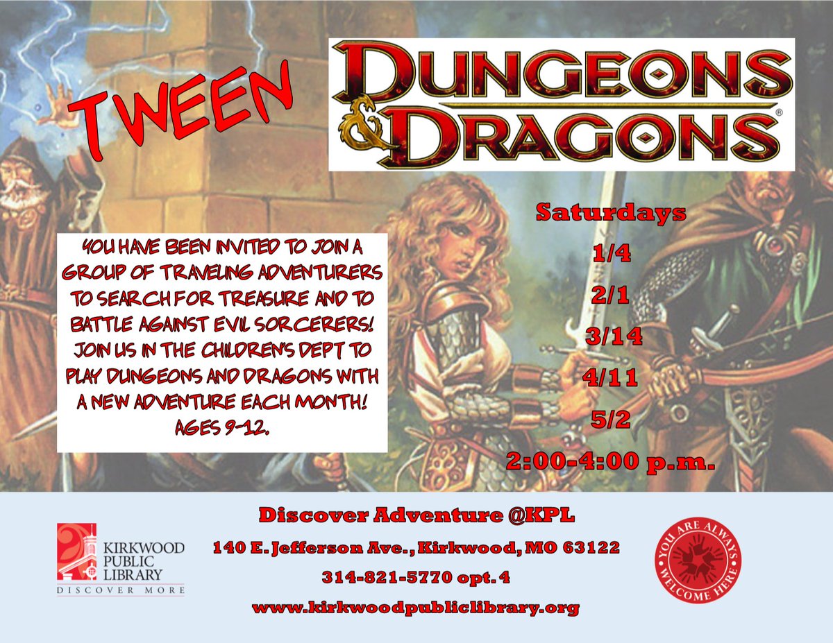 KirkwoodLib's tweet image. Tweens ages 9-12 are invited on an amazing adventure! Come to the Children's Room to learn how to play the world's most popular roleplaying game, Dungeons & Dragons! Saturday, Feb. 1st, 2:00-4:00 p.m.
#DiscoverMoreatKPL #tweenprogramming #dungeonsanddragons #rpg #roleplayinggame