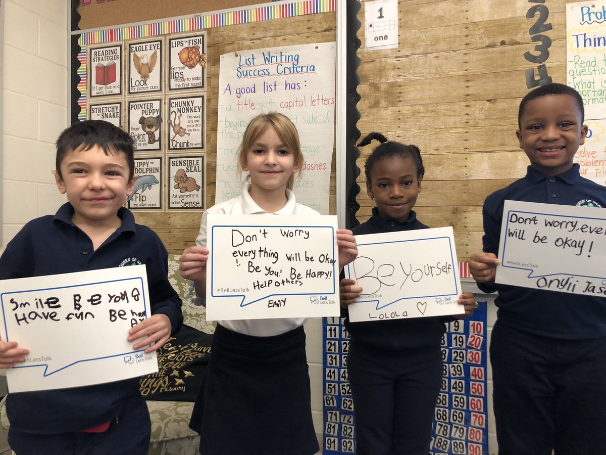 MrsDemeter_QH's tweet photo. Today is #BellLetsTalk Day! We talked about ways we can have a healthy brain by saying kind words to ourselves and to others! @QHMilton https://t.co/InKk3uYfES
