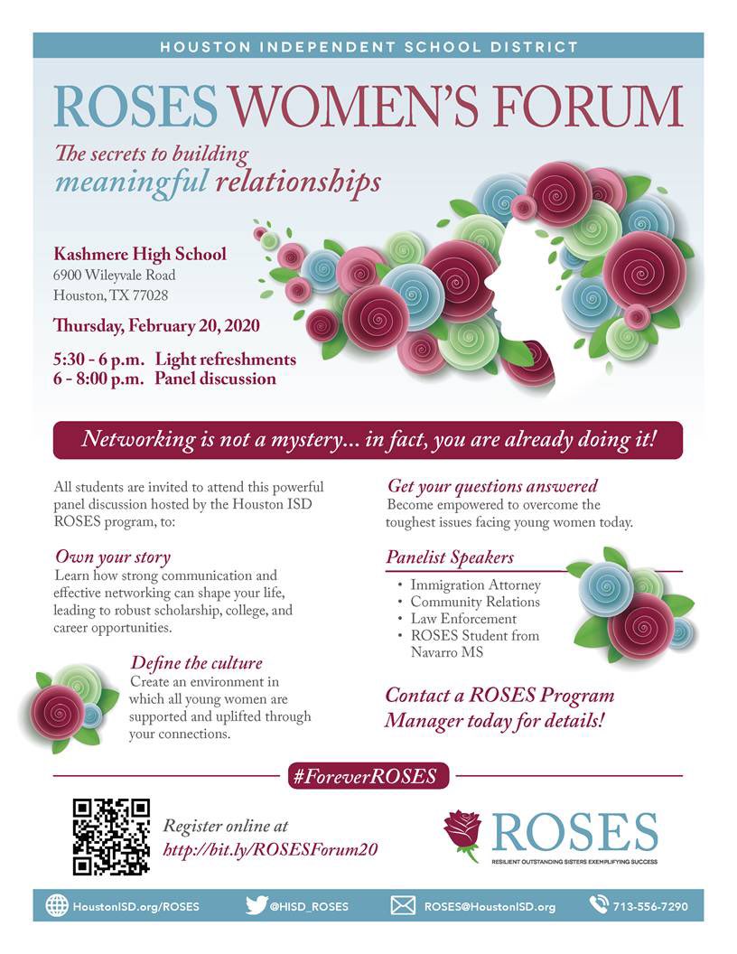 🗣You don’t want to miss our upcoming #WomensForum taking place at @KashmereHS on Thurs., Feb. 20. Learn how to build #meaningfulrelationships & how these can influence your journey.
👉🏽Register today: bit.ly/ROSESForum20
@HoustonISD #ForeverROSES