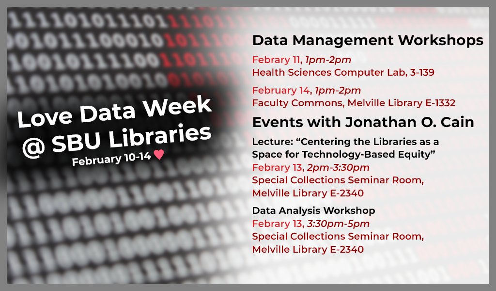 Graphic promoting Love Data Week events. Data Management Workshops are on 2/11 at 1p in the HSC Computer Lab 3-139 and on 2/14 at 1p in Melville E-1332 (Faculty Commons). Events with Jonathan O. Cain are a lecture titled "Centering the Libraries as a Space for Technology-Based Equity" on 2/13 at 2pm and a Data Analysis Workshop on 2/13 at 3:30pm, both in Melville E-2340 (Special Collections Seminar Room). 
