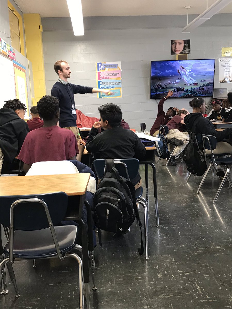 Heintzhistory's tweet photo. Henry Enerson, my Project Inspire Resident, engaging students with a primary source document - Painting “American Progress”. #HCS_SocStudies #engaged #primarysources #OneTyner #Tyner #ManifestDestiny https://t.co/TBWuMLhqzi