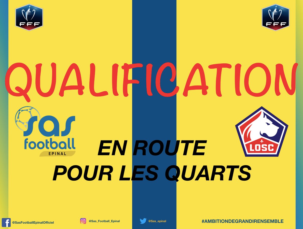 SAS_EPINAL's tweet photo. ➡️➡️➡️ QUALIFICATION HISTORIQUE POUR LES QUARTS DE FINALE DE LA COUPE DE FRANCE DE FOOTBALL !!! 🔝💪🔝💪

#THEMARATHONCONTINUE 💪💛💙💛💙💛💙 https://t.co/BHwWwuZRvG