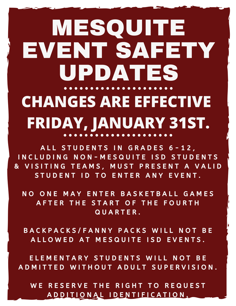 MesquiteHS's tweet photo. ATTENTION: Please read the following safety updates regarding after school events. See the MISD website for more details: https://t.co/Wl6NFF6N2g #MISD_MHSSafetyFirst https://t.co/0jBN5LJUKw