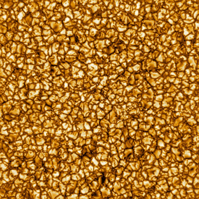 The Daniel K. Inouye Solar Telescope has produced the highest resolution image of the Sun's surface ever taken. In this picture taken at 789nm, we can see features as small as 30km (18 miles) in size for the first time ever. The image shows a pattern of turbulent, “boiling” gas that covers the entire sun. This image covers an area 36,500 x 36,500 km (22,600 x 22,600 miles, 51 x 51 arcseconds). Credit: NSO/AURA/NSF