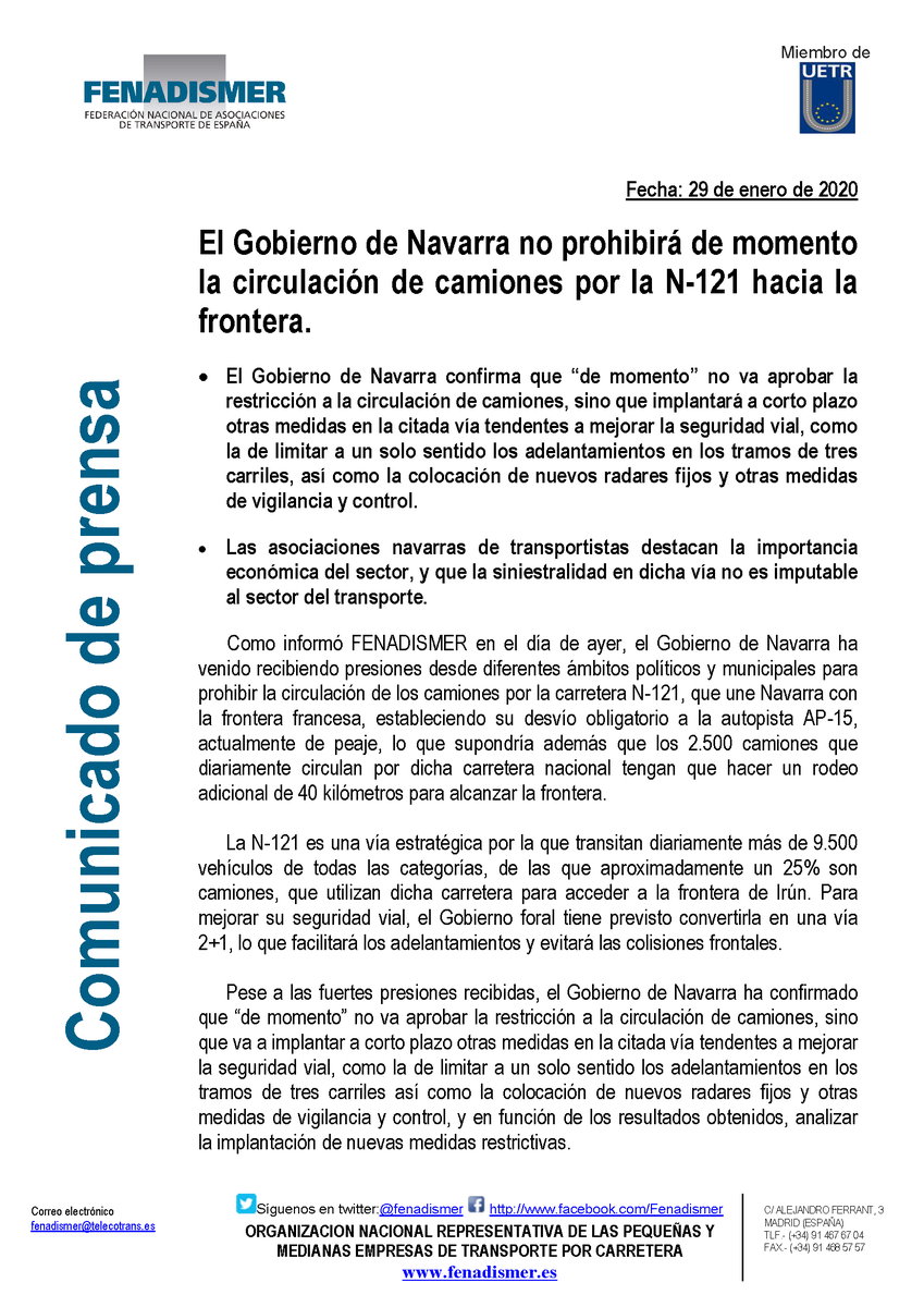 TransporteNews's tweet photo. 🚛El Gobierno de Navarra no prohibirá de momento la circulación de #camiones por la N-121 hacia la frontera.

Las asociaciones navarras de #transportistas destacan la importancia económica del sector, y que la siniestralidad en dicha vía no es imputable al sector del #transporte. https://t.co/hrqov09Fcg