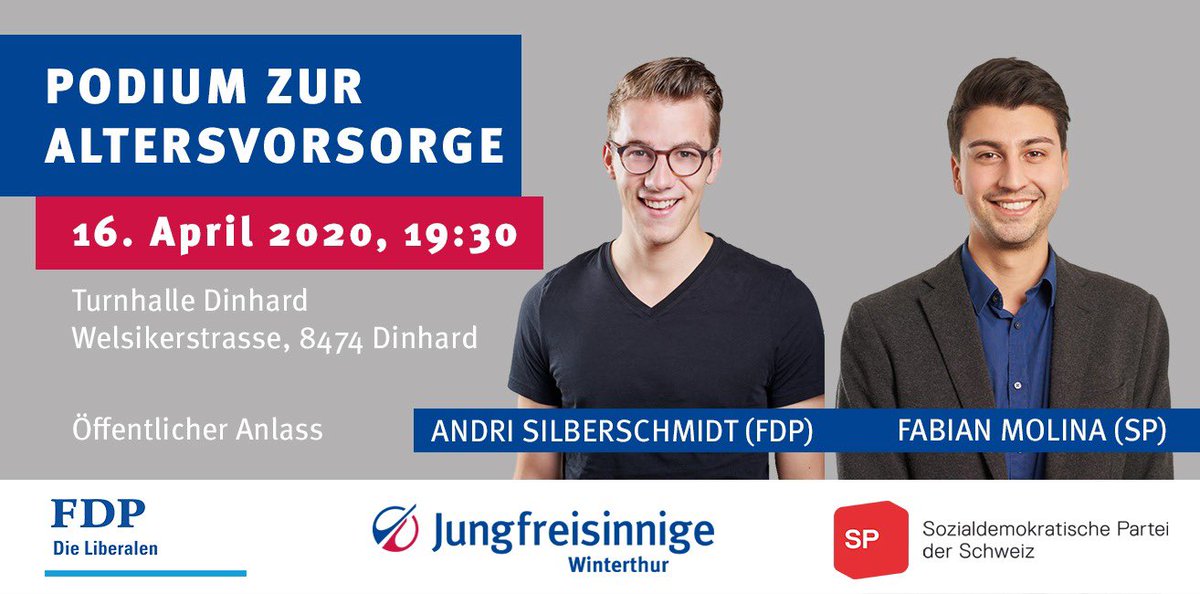 fdpdinhard's tweet photo. Es erwartet Sie ein spannendes Podium zwischen FDP-NR @andrisilbi_ und SP-NR @FabianMolinaNR über die Zukunft der AHV. Wo stehen wir und wohin soll es gehen? Ein Thema, das uns alle – über Generationen hinweg – betrifft und beschäftigt. https://t.co/CKSzu3JMbE