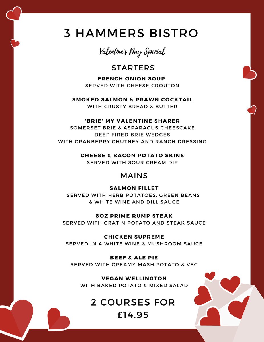 3hammersbistro's tweet photo. Book now for Valentines Day!!

We have a great set menu available all day Friday - Sunday, get 2 courses for just £14.95!!

Book your table now by calling 01902 791917 ☎️ https://t.co/C66oqtPJWN