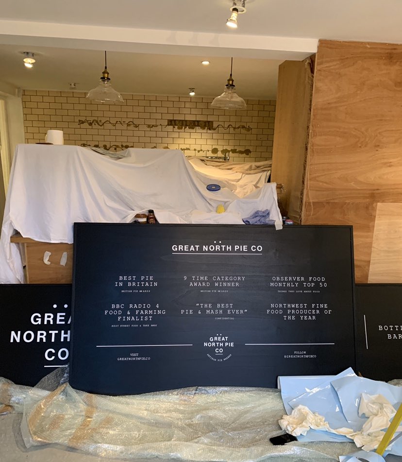 GreatNorthPieCo's tweet photo. Starting work on the lakes ready to reopen. New artwork @studiodbd Signs and interior @DentonTim #pieshop #cafe #bottlebar https://t.co/BxhcTpllWg