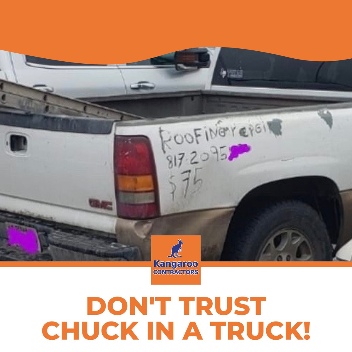 KContractors's tweet photo. If you trust this “Chuck in a Truck” to professionally repair your Roof I also have some swamp land in Louisiana to sell you! Call a certified and insured Roofing Contractor today that will back up their work with a True Warranty. #ContractorFail #Contractor https://t.co/sfUVgyyoYW
