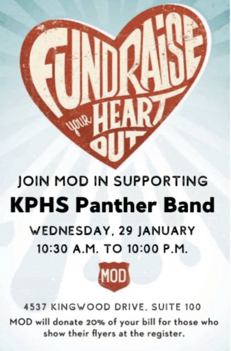 We are having a spirit night at MOD! Be sure to come on out to support the KP band,listen to some live music, and eat ! Also please be sure to mention us at checkout!!