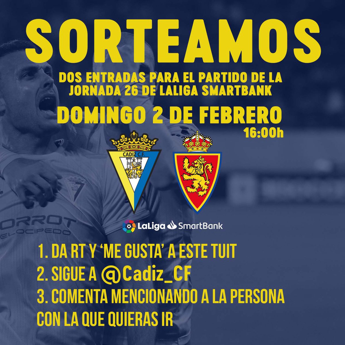 💛💙 ¡SORTEAZO para el #CádizRealZaragoza! 

¿Quieres venir GRATIS al partidazo del domingo? 

1️⃣ Da RT y 💛 a este tuit
2️⃣ Sigue a <a href="/Cadiz_CF/">Cádiz Club de Fútbol</a> 
3️⃣ Menciona en un comentario a la persona con la que te gustaría ir al partido