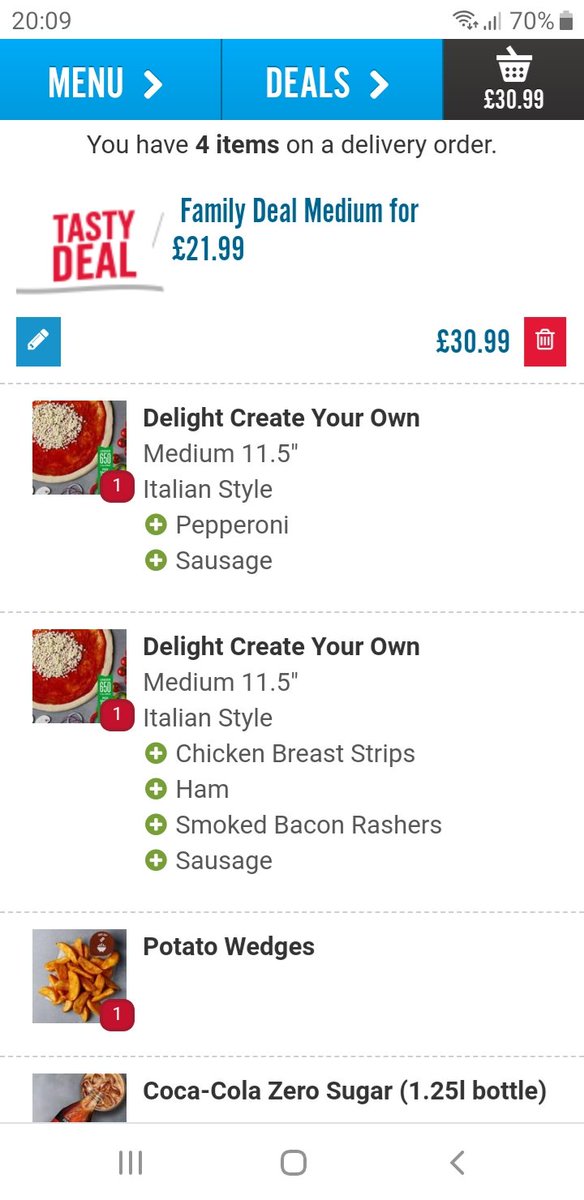 KellySowerby88's tweet photo. @dominos a bit ridiculous that you advertise the family meal for £21.99 (online and the leaflet through the door) then you follow the t&amp;cs and comes out at more with no explanation as to why. False advertising. https://t.co/wAfPiYgGZG