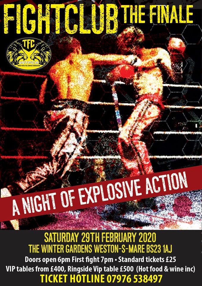 WTFCA_media's tweet photo. WTFCA Fightclub The Finale
Sat 29th Feb 2020
Weston-S-Mare
Tickets on sale through our website
  https://t.co/NJhADl8cXJ 
#Weston #NorthSomerset #kickboxing #K1 #MMA #MartialArts  #Bristol https://t.co/u64kRe1AdI