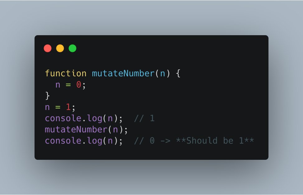 function mutateNumber(n) {
  n = 0;
}
n = 1;
console.log(n);  // 1
mutateNumber(n);
console.log(n);  // 0 -> **Should be 1**