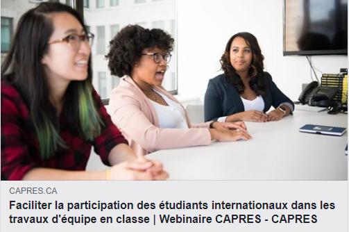 Webinaire du Capres | Faciliter la participation des étudiants internationaux dans les travaux d’équipe en classe.
Mardi 4 février 2020 de 10 h à 11 h 30.
Pour tous les détails et inscription👉bit.ly/38LSvVh
@CAPRES_REUSSITE