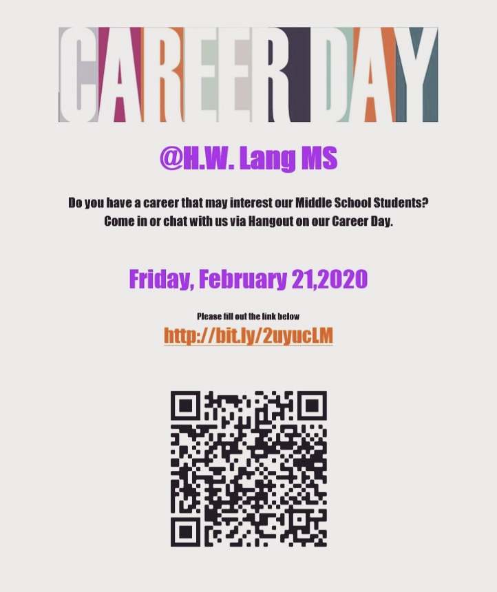 lang_hw's tweet photo. Do you have an exciting or interesting career you would be willing to share information about to our middle school students? Please sign up to be a part of Career Day 2020!! https://t.co/fwQOgjqVgi