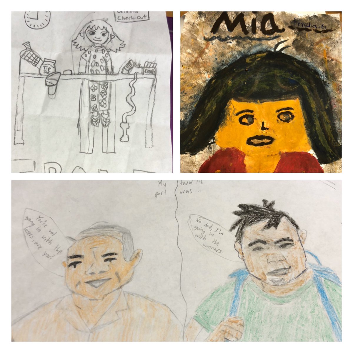 Dina0Brien's tweet image. Students had choice in a culminating activity for extra credit about @kellyyanghk Front Desk #GlobalReadAloud They are starting to come in. Painted portrait, new cover idea, favorite scene. #ShineBrightEdison #JMIKnights
