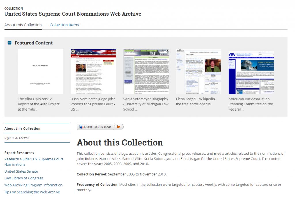 Screenshot of the United States Supreme Court Nominations Web Archive