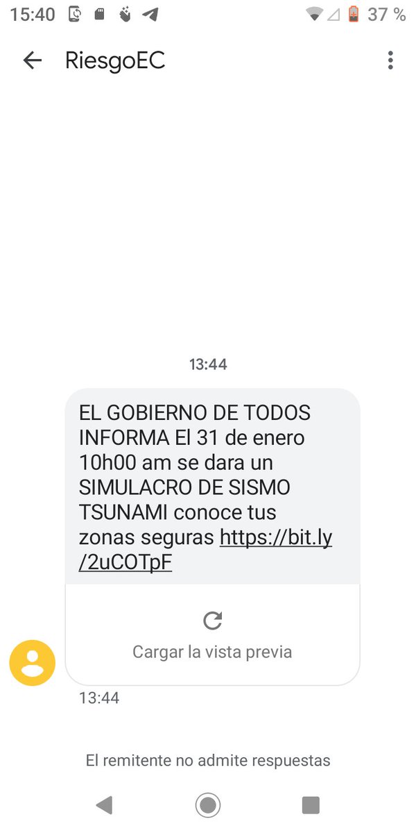 alfredovelazco's tweet image. Favor quienes en #LaSierra recibieron el SMS de @Riesgos_Ec sobre simulacro de Tsunami? cc @Arcotel_ec #ProteccióndeDatosEC