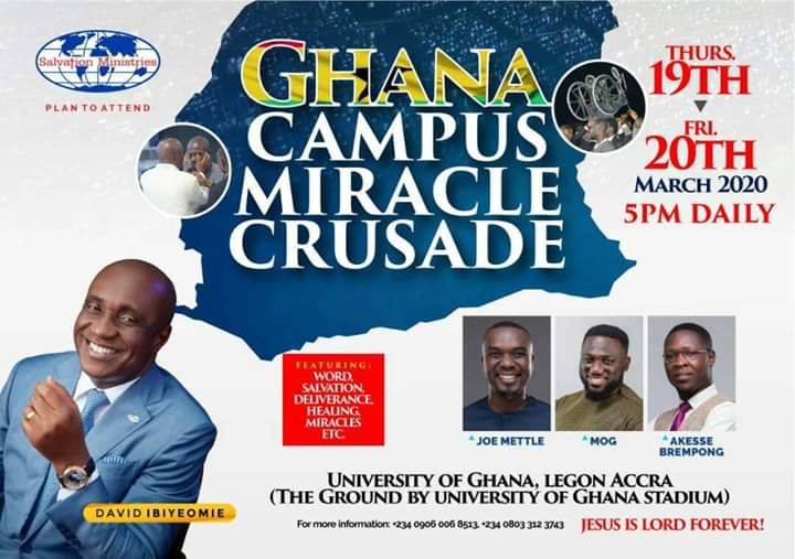 DavidIbiyeomie's tweet photo. God is set to do the incredible!
Save the Date!
Plan to attend Ghana Campus Miracle Crusade with David Ibiyeomie. https://t.co/H5yKNVMVcu
