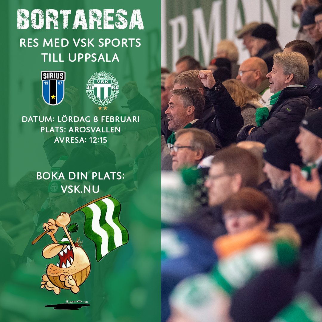 Bussresa med <a href="/VSKSports/">VSK Sports</a> till Uppsala💚

Datum: Lördag 8 februari
Plats: Arosvallen
Pris för medlem (VSK Sports): 150 kr
Pris för icke medlem (VSK Sports): 200 kr
Avresa: 12:15

Bokningslänk: vsk.nu/2020/bussresa-…

#VSKBandy #svbandy