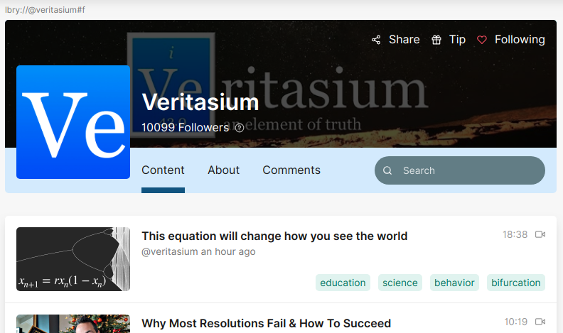 LBRY 🚀 (@lbrycom) on Twitter photo Big ups to <a href="/veritasium/">Veritasium</a> for hitting 10,000 followers that believe in content freedom and open tech!
(And in case people don't say bigs up in 2020, good on ya and well done mate)
Leave Derek a congratulations (or follow him and help him get to 20k) here lbry.tv/@veritasium:f Big ups to <a href="/veritasium/">Veritasium</a> for hitting 10,000 followers that believe in content freedom and open tech!
(And in case people don't say bigs up in 2020, good on ya and well done mate)
Leave Derek a congratulations (or follow him and help him get to 20k) here lbry.tv/@veritasium:f