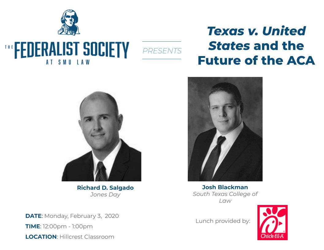 SMU Federalist Society is hosting a Debate Event next Monday Monday, February 3 at 12:00pm in Hillcrest on the Constitutionality of the Affordable Care Act in light of the recent 5th Circuit decision in Texas v. United States.

Chick-fil-A provided, so you won’t want to miss it!