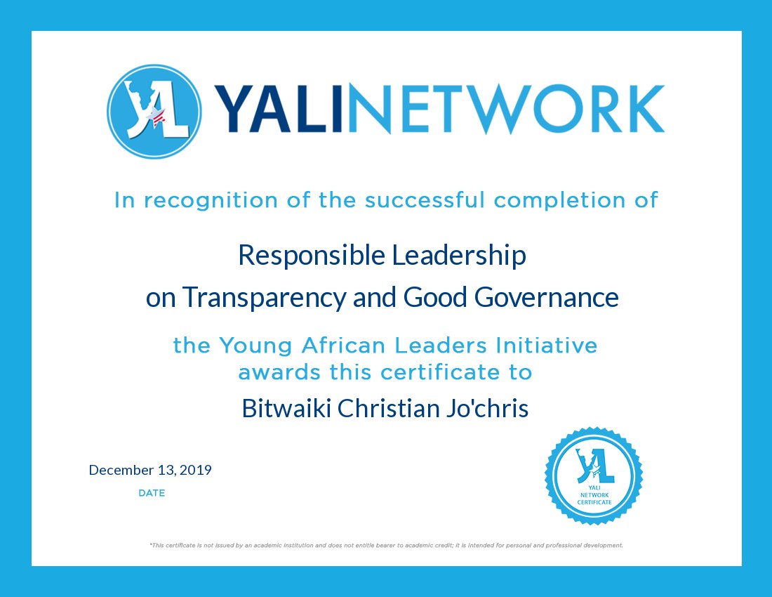 Chris_bitwaiki's tweet photo. I am committed to improve transparency within the government; companies and other aspects of society. Encourage, good governance and transparency is the responsibility of all to end impunity.
#YALIUnites #DRCAgainstCorruption @USAmbDRC https://t.co/e8VIXNxcMd