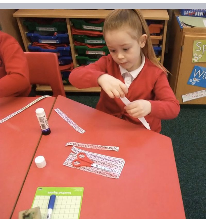 raceleysinfants's tweet photo. 1JS @MrsJSnape found out that a 100 square is really just an enormous number line chopped up into groups of 10! With a snip and a cut and a bit of glue they proved it too!#nrichmaths https://t.co/EhHqRB4oxi