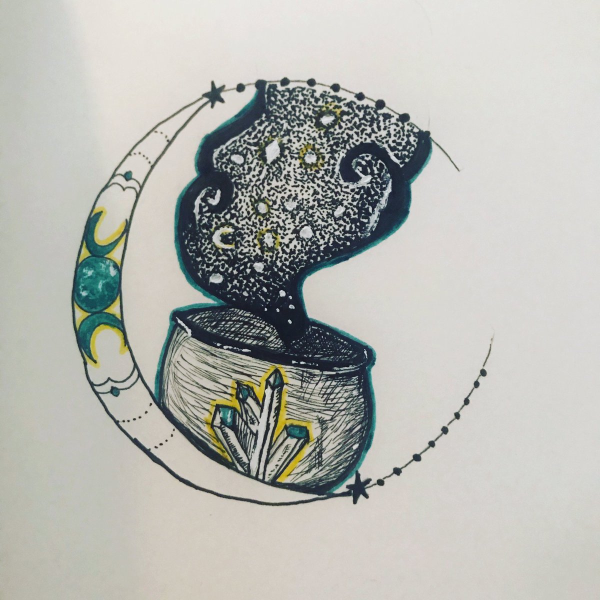 JaeRichDesigns's tweet photo. A little moonlight magic for a dreary Wednesday afternoon. #sketchbook #witchcraft #art https://t.co/lYaY8FvMjk