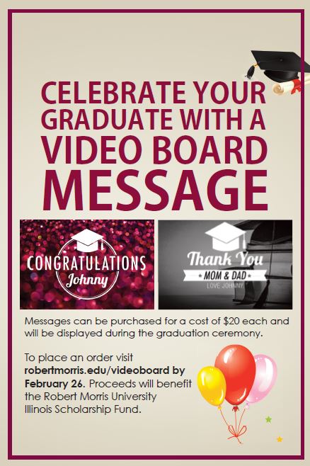Hey RMU Family! Graduation is only a month away! Create a lasting memory at the graduation ceremony with a personalized, custom message on the RMU video board.
robertmorris.edu/videoboard/