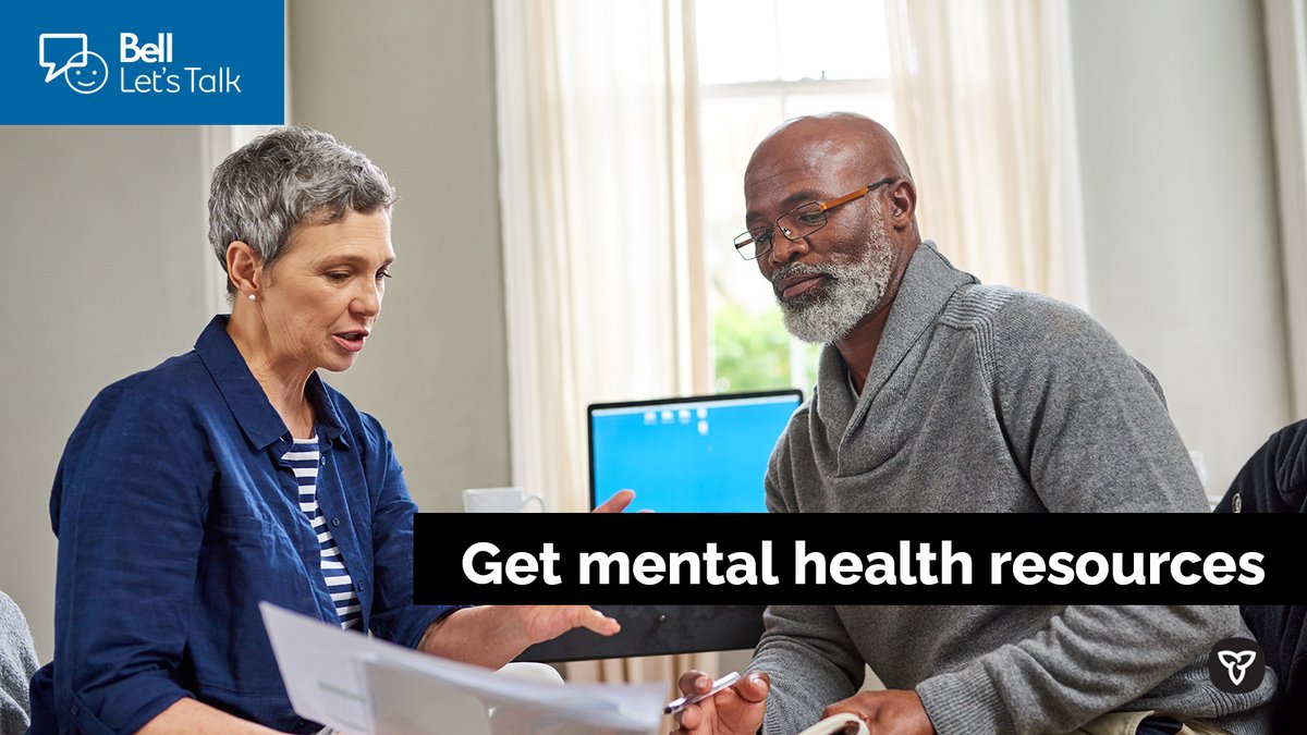 Two seniors examine paper. Image text “Get mental health resources”
