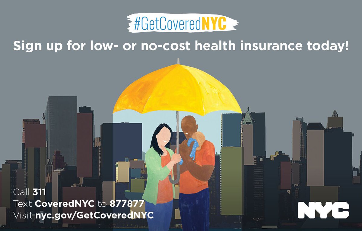 Couple under an umbrella in front of cityscape. Sign up for low or no cost health insurance today. #GetCOveredNYC. Call 311 Text CoveredNYC to 877877. Visit nyc.gov/GetCoveredNYC