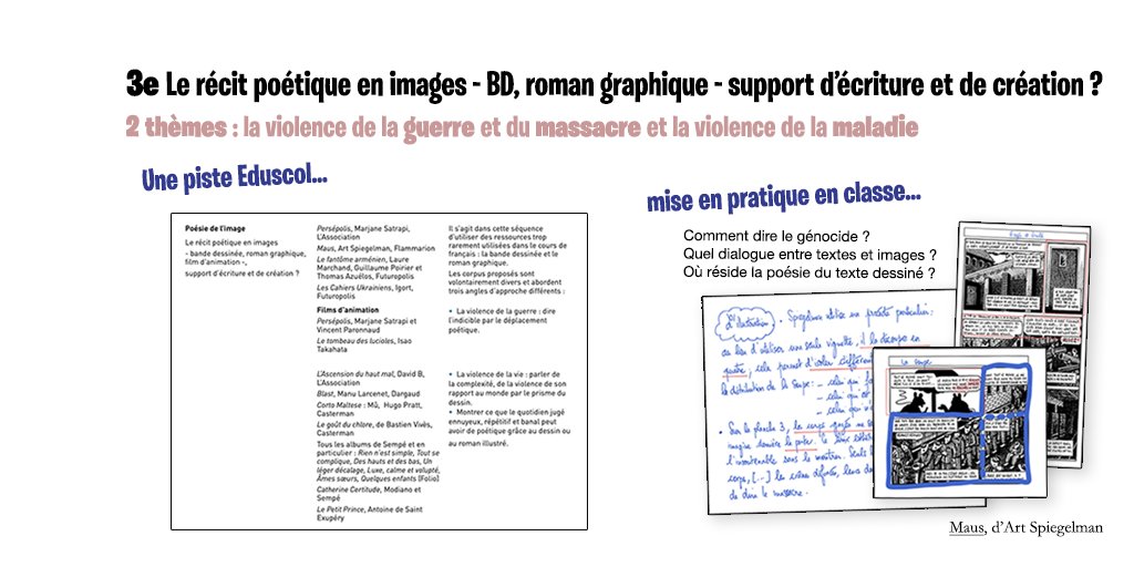Inhabituelle et exigeante, séquence #Poésie de l'image en 3e : la #BD et le #RomanGraphique pour dire la violence de la guerre, du massacre et de la maladie ? La littérature pour dire la poésie du monde, « tracer des chemins dans le maquis du réel » ➡️ eduscol.education.fr/cid99194/resso…