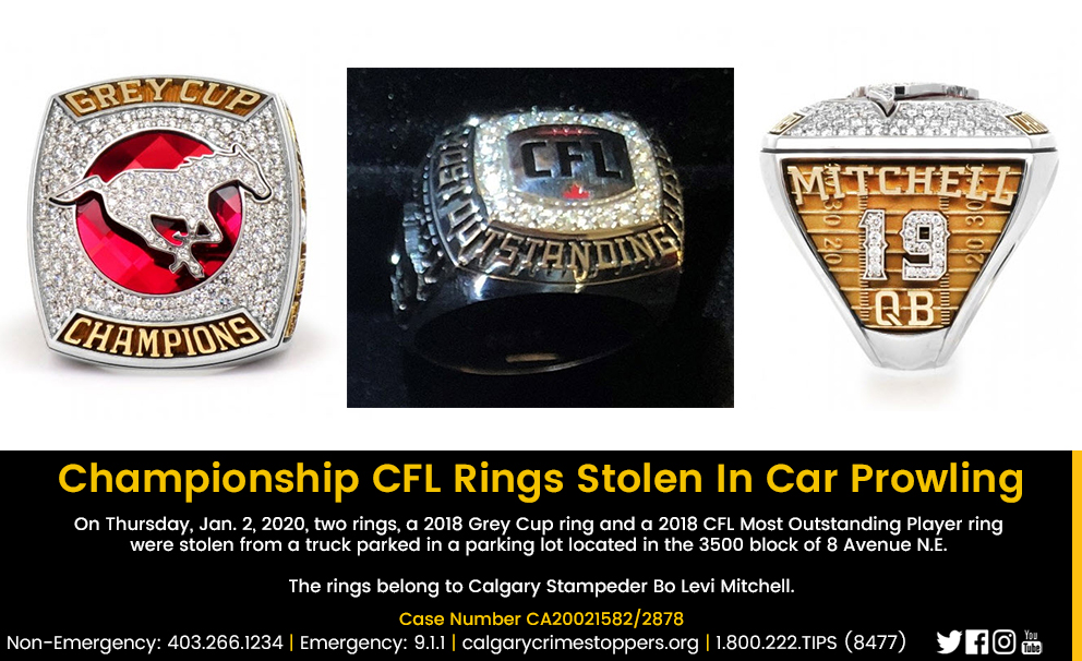 CalgaryPolice's tweet image. Championship CFL rings stolen in car prowling.

Sports memorabilia buyers and sellers are asked to keep an eye out after two @CFL rings were stolen from a vehicle belonging to a @calstampeders player earlier this month - bit.ly/2vqpRui