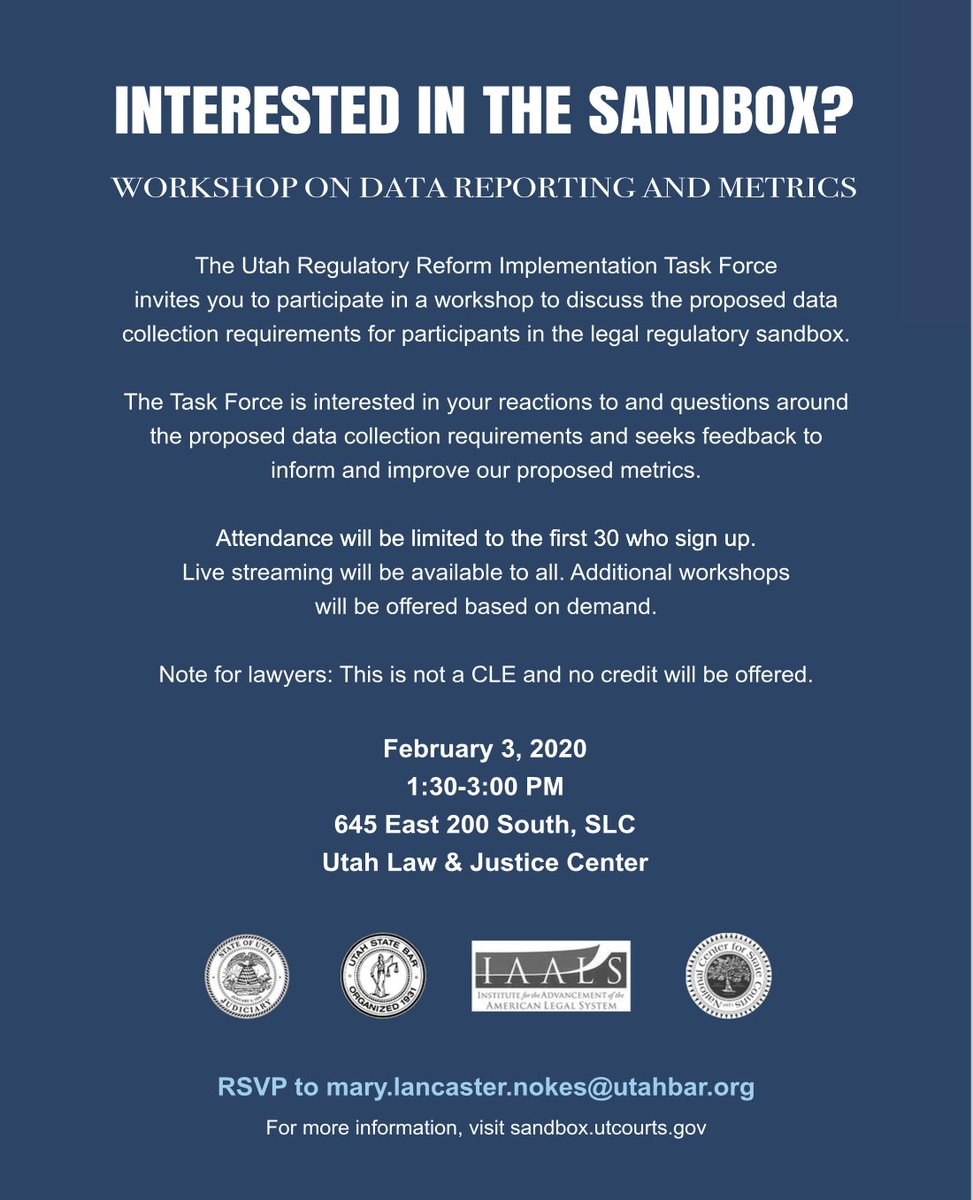 margarethagan's tweet image. For all those interested in #regreform, #legaltech  and #accesstojustice -- Utah&apos;s new legal Regulatory Sandbox is coming, and there will be on the data set-up that goes along with it. Come join to learn more + give feedback!  sandbox.utcourts.gov