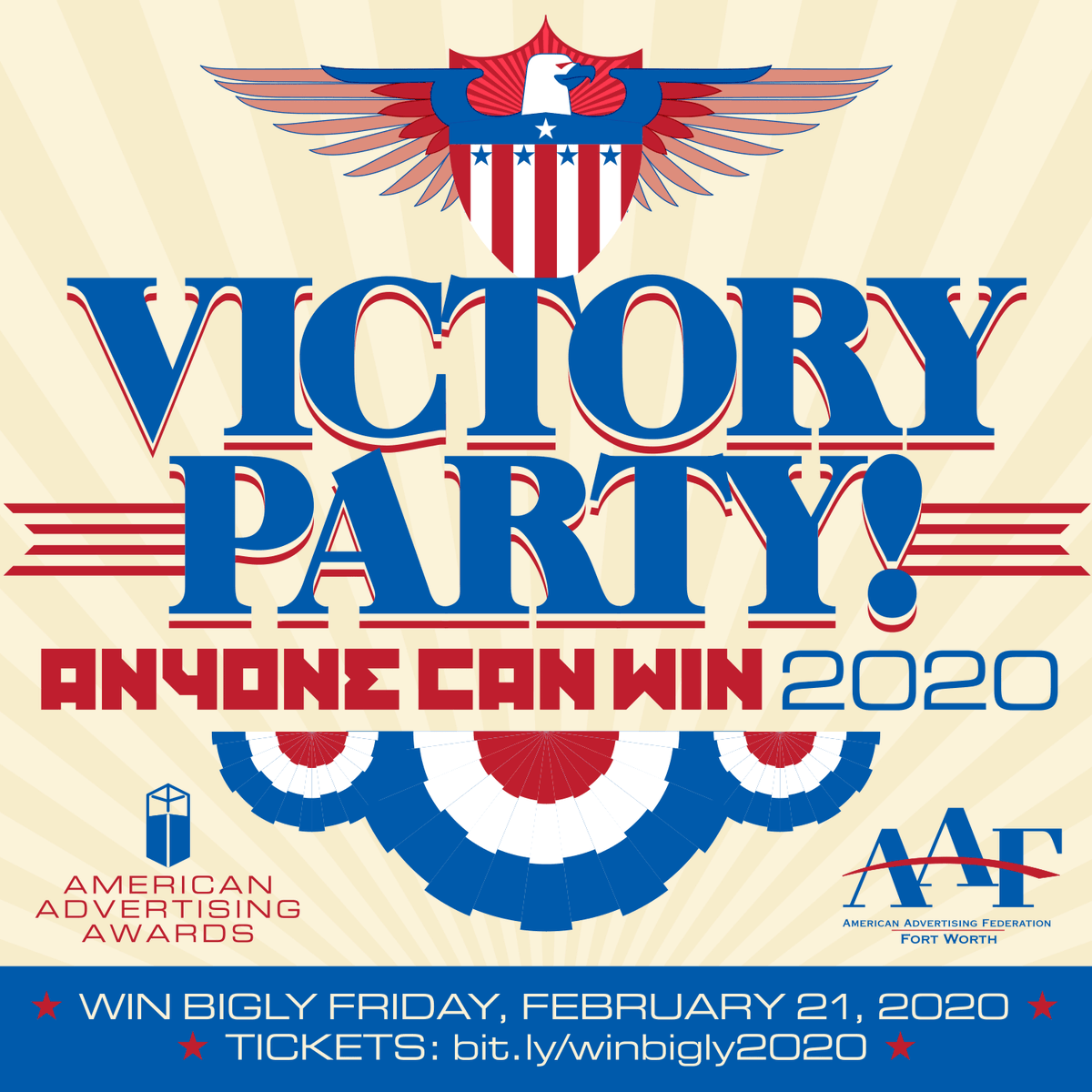 AAFFortWorth's tweet photo. The ballots have been cast, the votes tallied, and the results are YUUUUUUUGE. Now it’s time to “Turn Out” for the Victory Party! Join us to see who Wins Bigley on February 21 @ 7PM at The Ostreum. Head to our website for all the details and to buy tickets. https://t.co/a5kQ5wfTte
