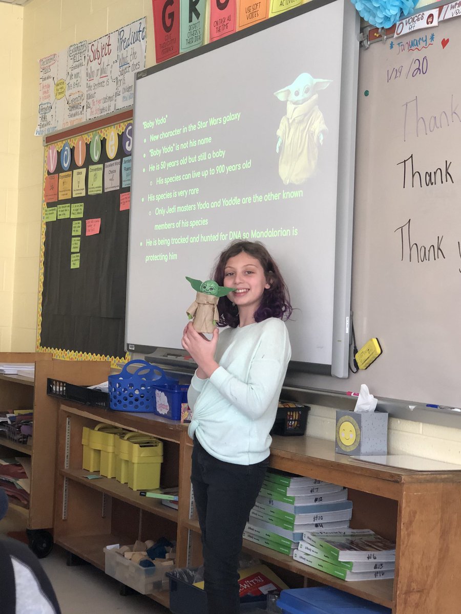 MrsJCyr's tweet photo. When a student does the coolest Balloons Over Broadway project ever- he gets a place of honor on my desk! 😱 We were totally excited to learn all about Baby Yoda and why he would make an amazing Macy’s Parade balloon!! #hearmeroar #5thgradersrock @JJESOwls @EluraNanos https://t.co/zM9zFBovUK