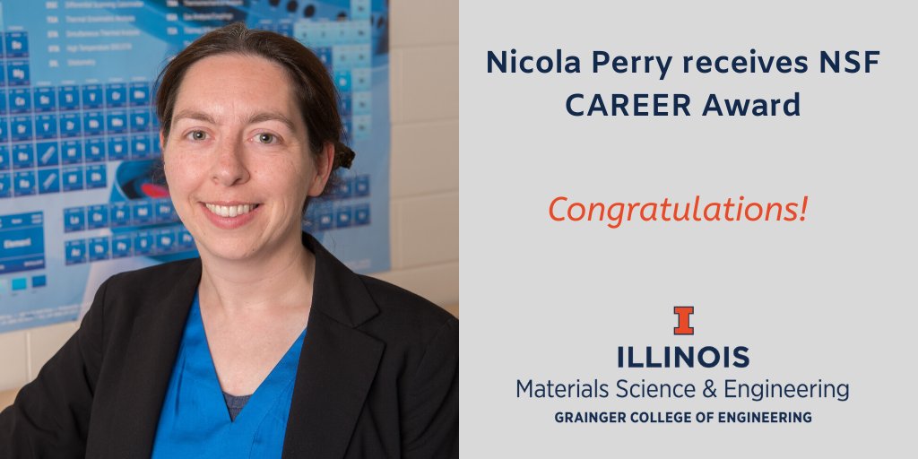 illinoismatse's tweet photo. MatSE assistant Prof. Nicola Perry receives the NSF CAREER award. The project funded by the award is entitled “Dynamic point defect architectonics - uncovering crystal chemical design rules for tailored chemical expansion.” Congratulations, Nicola! #WhyMatSE #NSFCAREERAward https://t.co/uSceRbHDxU
