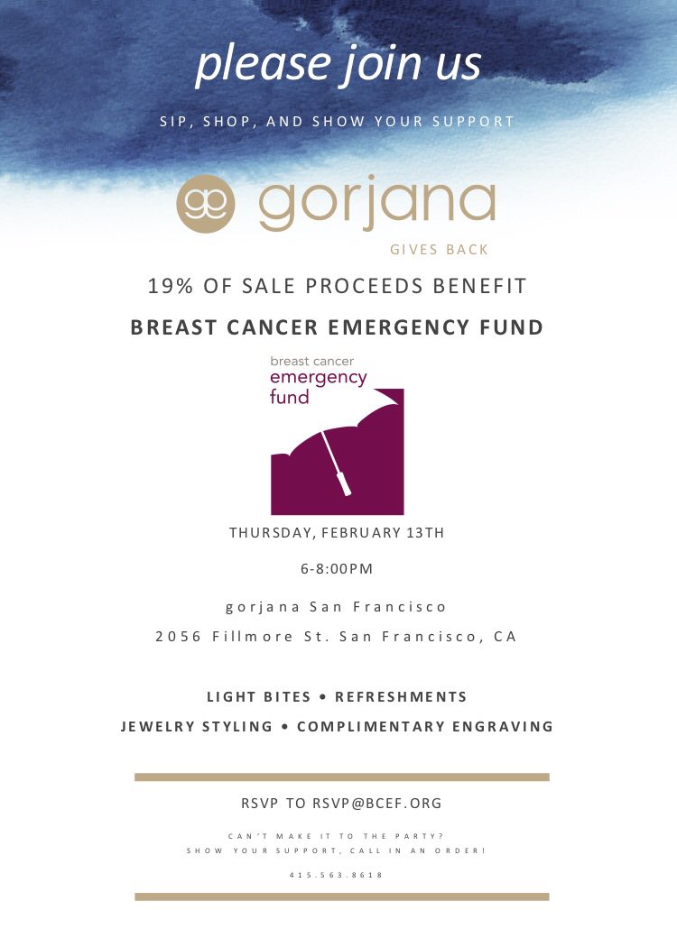bcef's tweet photo. Save the date! Join us at @gorjana_brand on Fillmore 2/13 from 6-8 for sips, snacks, &amp; shopping that supports BCEF! https://t.co/6ilbbKpLJ7