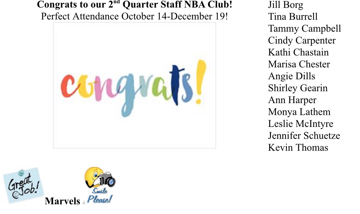 MVESGainesville's tweet photo. Congrats to our 2nd Quarter Staff NBA Club! Congrats to our January Marvels! #NeverBeenAbsent #BragTag 👏🥈 #forgotthepic https://t.co/xbEjKtRx4w