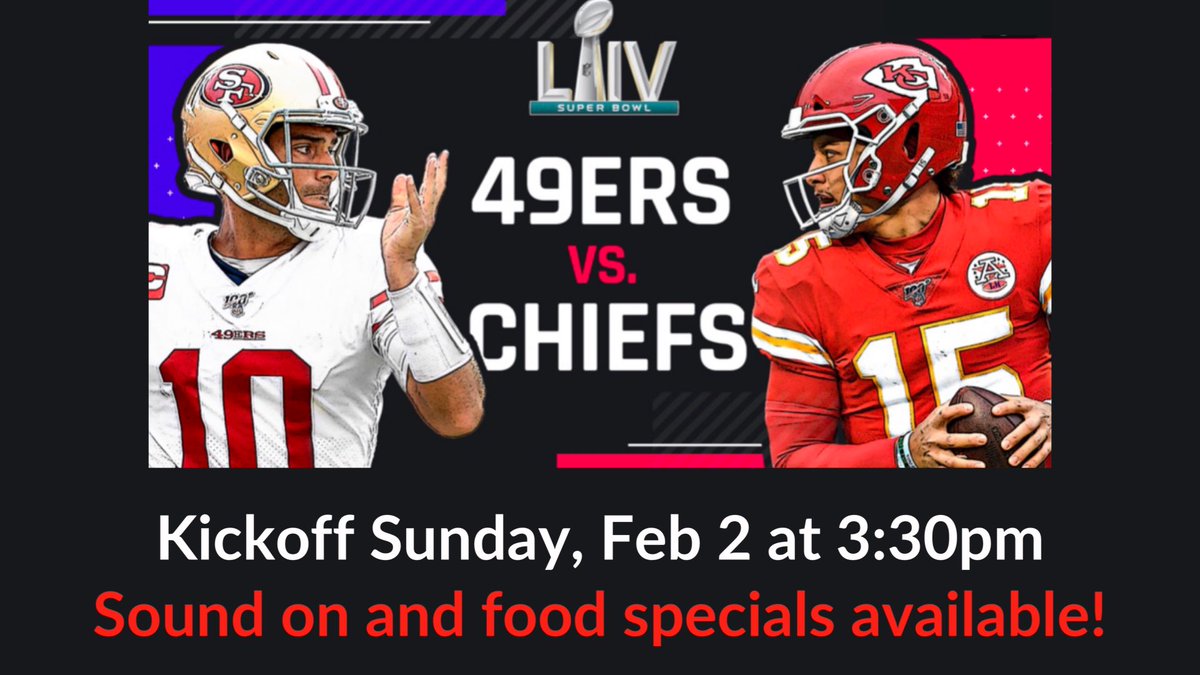 Kickoff for #SuperBowlLIV is this Sunday, Feb 2 at 3:30pm! We’ll be playing the game with sound and running two food specials. Tailgate Totchos (V/NV) &amp; What the Guac? Burger (V/NV). Details on FB and Insta!