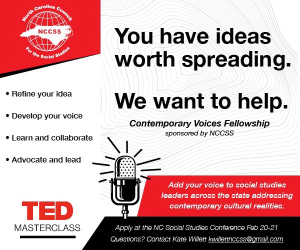 NCCSS's tweet photo. @NCCSS is proud to announce the Contemporary Voices Fellowship with #TEDMasterclass course. Be sure to check out the details, first revealed at our #conference on Feb 20-21 @SheratonGSO. Be sure to register to attend today https://t.co/wSjD7E40tm